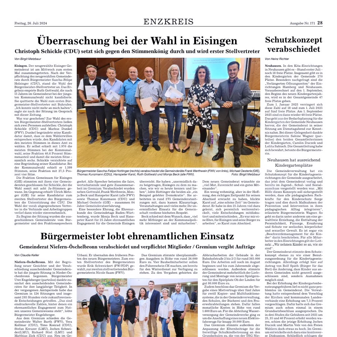 Vergange Woche wurden die ausscheidenden Gemeinderäte und Gemeinderätinnen verabschiedet und die neuen Gemeinderäte und Gemeinderätinnen verpflichtet. Anbei der Bericht über die letzte Sitzung. 

Wir bedanken uns bei den ausscheidenden Gemeinderäten und Gemeinderätinnen für Ihr jahrelanges Engagement!

Den neu verpflichteten Gemeinderäten und Gemeinderätinnen wünsche wir viel Erfolg bei Ihrer Aufgabe!

#gemeinde #gemeindeeisingen #neuergemeinderat #Verabschiedung #DankefürEuerEngagement